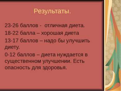 Результаты. 23-26 баллов - отличная диета. 18-22 балла – хорошая диета 13-17 ...