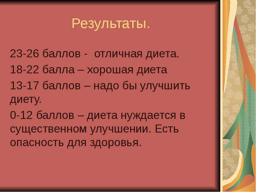 Результаты. 23-26 баллов - отличная диета. 18-22 балла – хорошая диета 13-17 ...