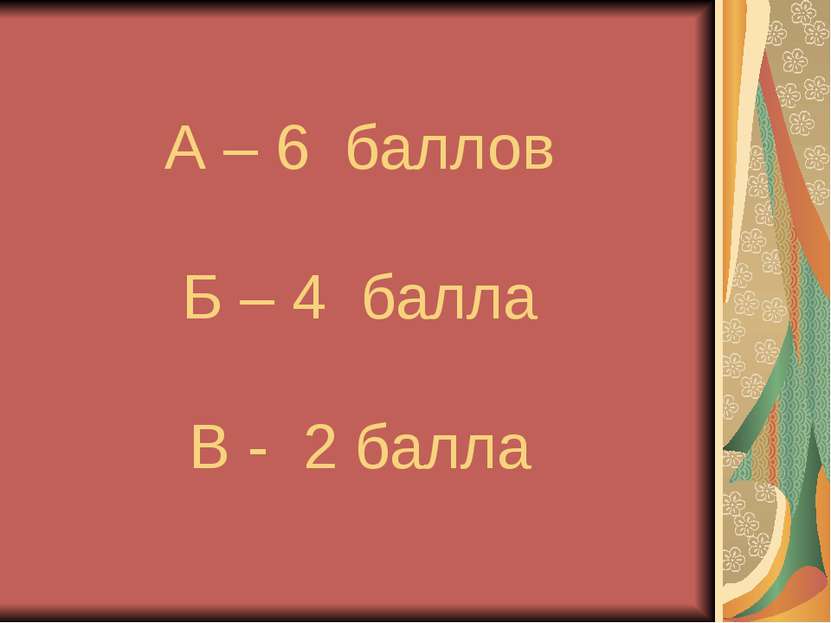 А – 6 баллов Б – 4 балла В - 2 балла