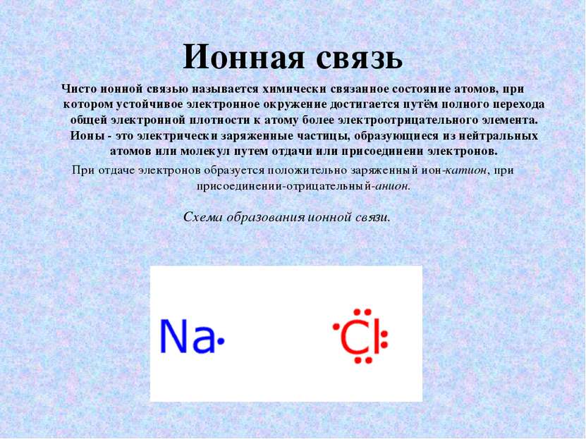 Ионная связь Чисто ионной связью называется химически связанное состояние ато...