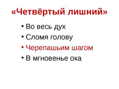 «Четвёртый лишний» Во весь дух Сломя голову Черепашьим шагом В мгновенье ока