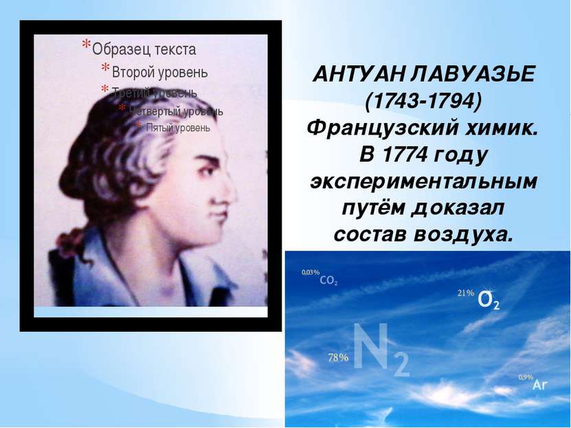 АНТУАН ЛАВУАЗЬЕ (1743-1794) Французский химик. В 1774 году экспериментальным ...