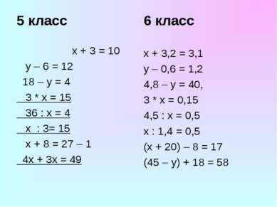 5 класс x + 3 = 10 y – 6 = 12 18 – y = 4 3 * x = 15 36 : x = 4 x : 3= 15 х + ...