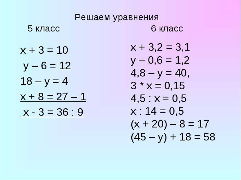 Решаем уравнения 5 класс 6 класс x + 3 = 10 y – 6 = 12 18 – y = 4 х + 8 = 27 ...