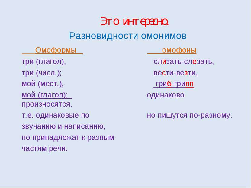 Это интересно. Разновидности омонимов Омоформы омофоны три (глагол), слизать-...