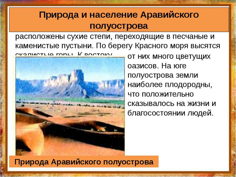 В центральной части Аравийского полуострова расположены сухие степи, переходя...