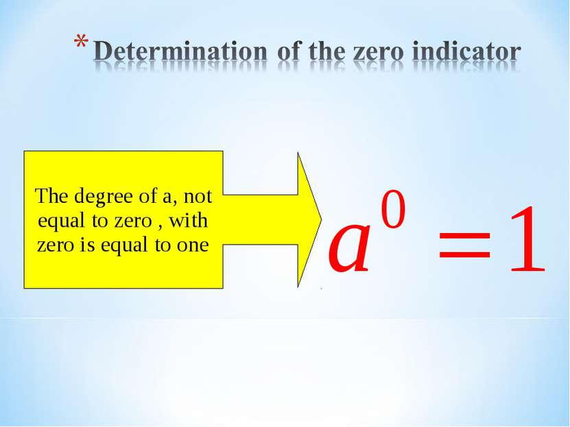 The degree of a, not equal to zero , with zero is equal to one