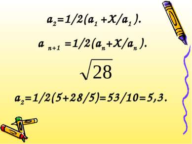 а2=1/2(а1 +Х/а1 ). а n+1 =1/2(аn+Х/аn ). а2=1/2(5+28/5)=53/10=5,3.