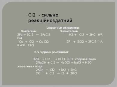 Cl2 - сильно реакційноздатний З простими речовинами: З металами З неметалами ...