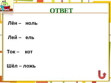 ОТВЕТ Лён – ноль Лей – ель Ток – кот Шёл – ложь