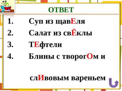 ОТВЕТ Суп из щавЕля Салат из свЁклы ТЕфтели Блины с творогОм и слИвовым вареньем