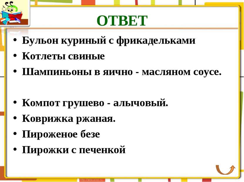 ОТВЕТ Бульон куриный с фрикадельками Котлеты свиные Шампиньоны в яично - масл...