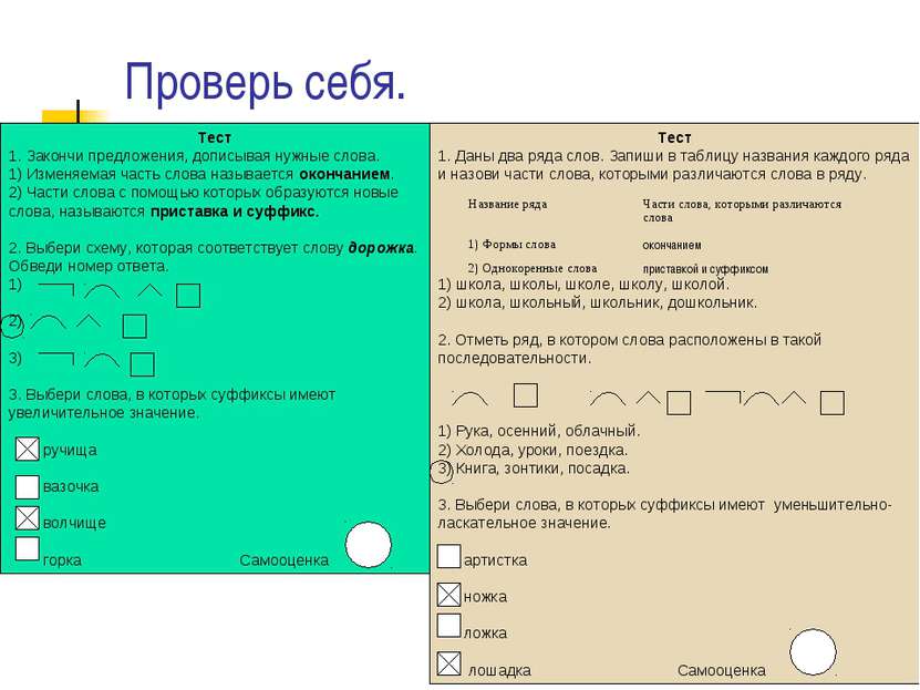 Проверь себя. Тест 1. Закончи предложения, дописывая нужные слова. 1) Изменяе...