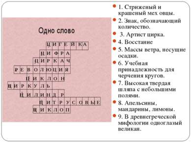 1. Стриженый и крашеный мех овцы.  2. Знак, обозначающий количество.  3. Арти...