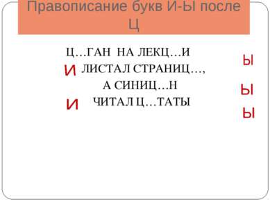 Правописание букв И-Ы после Ц Ц…ГАН НА ЛЕКЦ…И ЛИСТАЛ СТРАНИЦ…, А СИНИЦ…Н ЧИТА...