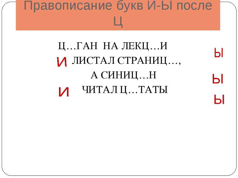 Правописание букв И-Ы после Ц Ц…ГАН НА ЛЕКЦ…И ЛИСТАЛ СТРАНИЦ…, А СИНИЦ…Н ЧИТА...