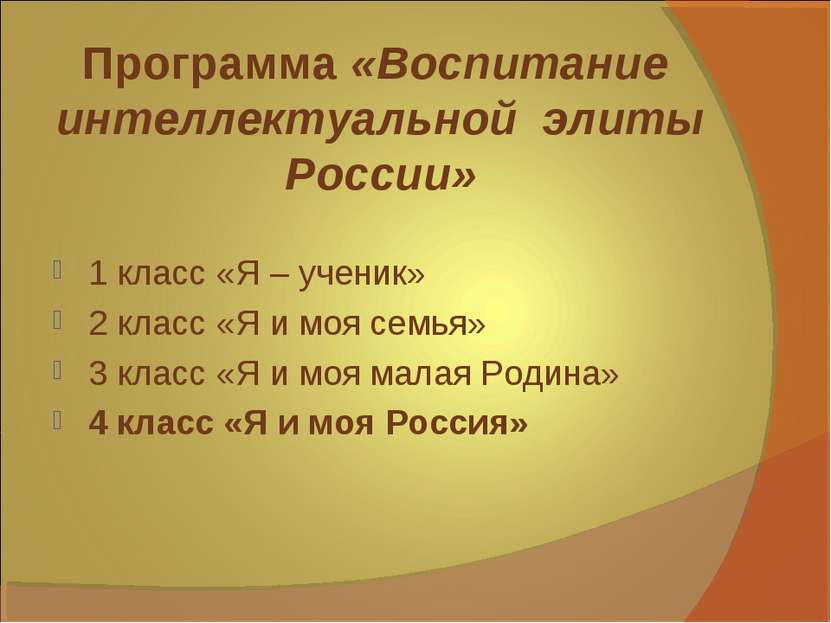   Программа «Воспитание интеллектуальной элиты России» 1 класс «Я – ученик» 2...