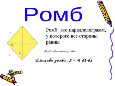 а а d1 d2 Ромб – это параллелограмм, у которого все стороны равны d1, d2 – ди...