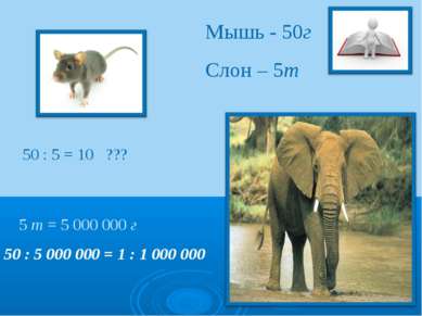 Мышь - 50г Слон – 5т 50 : 5 = 10 ??? 50 : 5 000 000 = 1 : 1 000 000 5 т = 5 0...