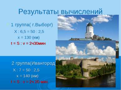 Результаты вычислений 1 группа( г.Выборг) Х : 6,5 = 50 : 2,5 х = 130 (км) t =...