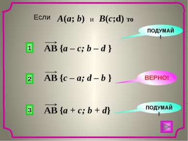 2 1 3 ПОДУМАЙ! ВЕРНО! ПОДУМАЙ! Если A(a; b) и B(c;d) то AB {a – c; b – d } AB...