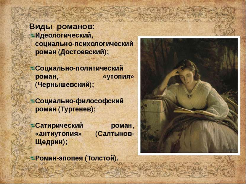 Виды романов: Идеологический, социально-психологический роман (Достоевский); ...