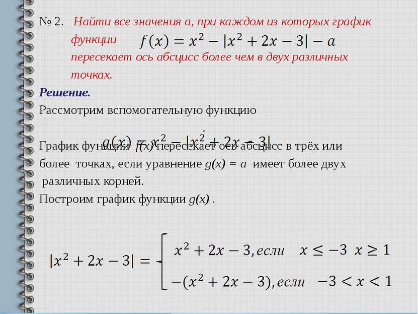 № 2. Найти все значения а, при каждом из которых график функции пересекает ос...