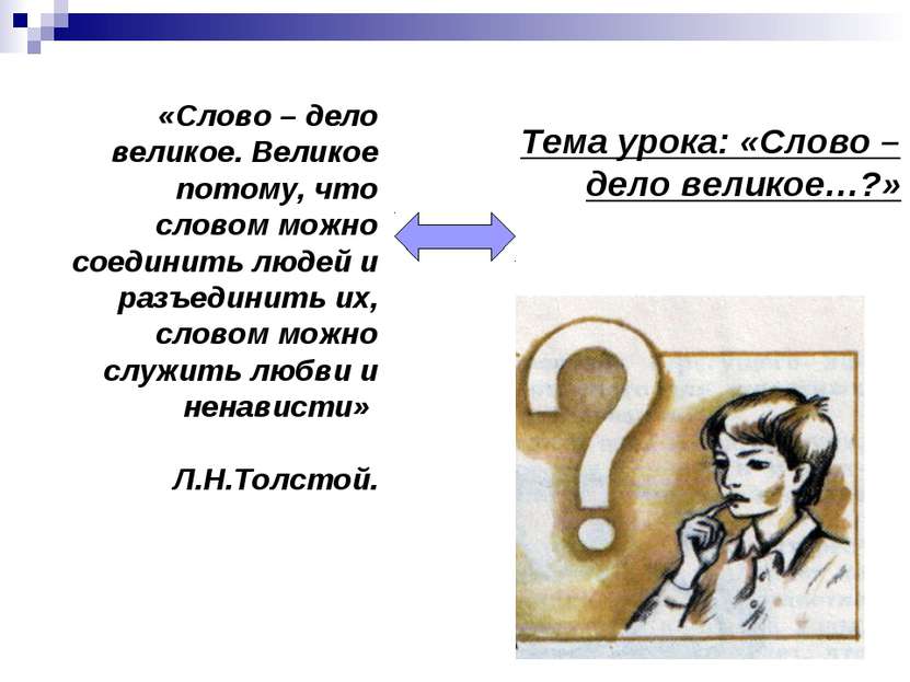 Тема урока: «Слово – дело великое…?» «Слово – дело великое. Великое потому, ч...