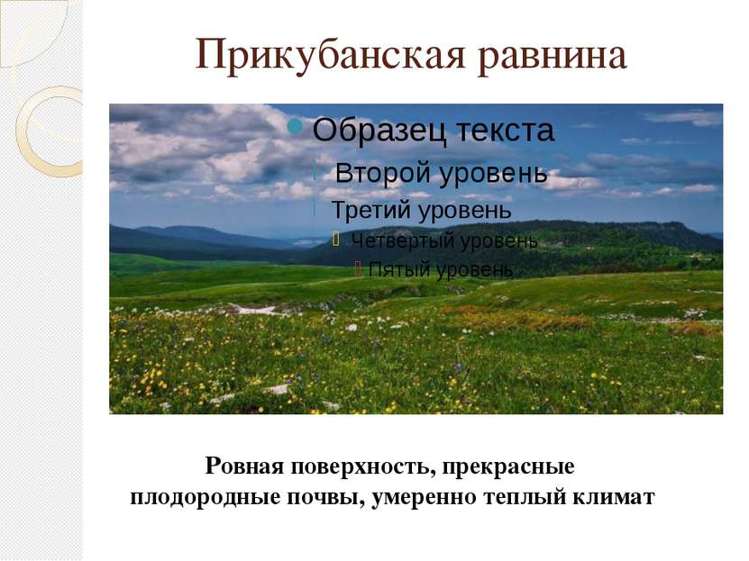 Прикубанская равнина Ровная поверхность, прекрасные плодородные почвы, умерен...