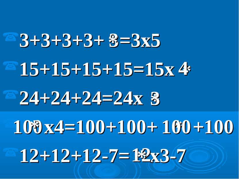3+3+3+3+ =3x5 15+15+15+15=15x 24+24+24=24x x4=100+100+ +100 12+12+12-7= x3-7 ...