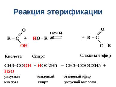 Реакция этерификации R – C + HO - R H2SO4 ,t0 O ОH OH H Кислота Спирт Сложный...