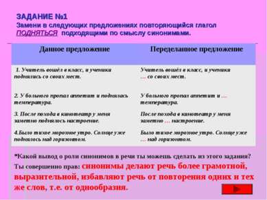 ЗАДАНИЕ №1 Замени в следующих предложениях повторяющийся глагол ПОДНЯТЬСЯ под...