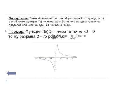 Пример. Функция f(x) =–  имеет в точке х0 = 0 точку разрыва 2 – го рода, т.к....
