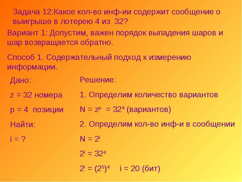 Задача 12:Какое кол-во инф-ии содержит сообщение о выигрыше в лотерею 4 из 32...
