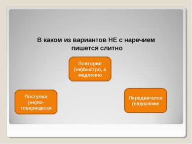 В каком из вариантов НЕ с наречием пишется слитно Передвигался (не)уклюже Пос...