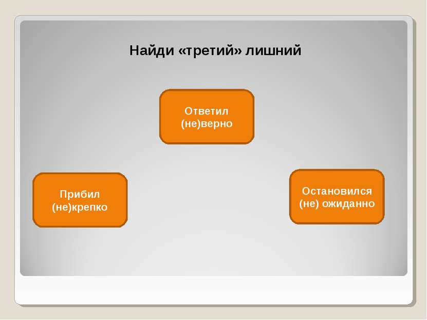 Найди «третий» лишний Остановился (не) ожиданно Прибил (не)крепко Ответил (не...