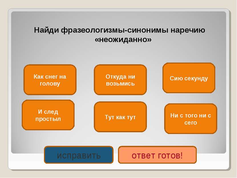 Найди фразеологизмы-синонимы наречию «неожиданно» Как снег на голову Ни с тог...