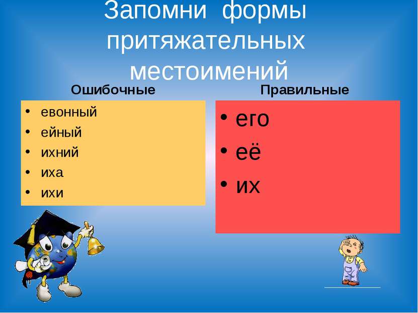 Запомни формы притяжательных местоимений Ошибочные евонный ейный ихний иха их...