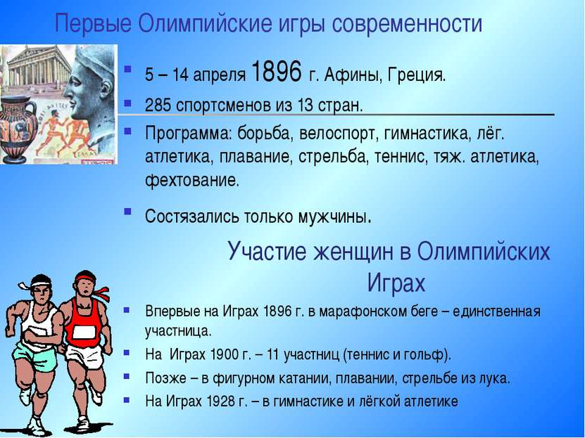 Первые Олимпийские игры современности 5 – 14 апреля 1896 г. Афины, Греция. 28...