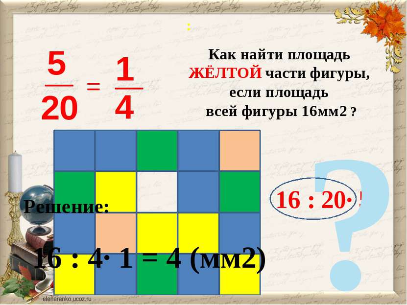 : = Как найти площадь ЖЁЛТОЙ части фигуры, если площадь всей фигуры 16мм2 ? 1...