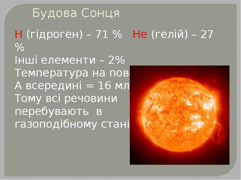 Будова Сонця Н (гідроген) – 71 % Не (гелій) – 27 % Інші елементи – 2% Темпера...