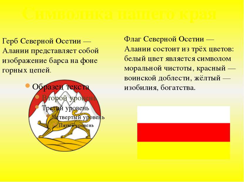 Символика нашего края Флаг Северной Осетии — Алании состоит из трёх цветов: б...