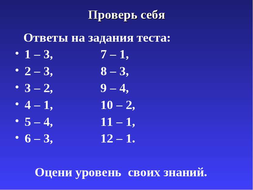 Проверь себя Ответы на задания теста: 1 – 3, 7 – 1, 2 – 3, 8 – 3, 3 – 2, 9 – ...