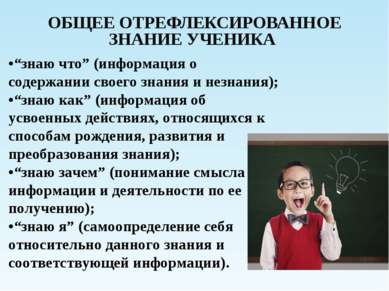 ОБЩЕЕ ОТРЕФЛЕКСИРОВАННОЕ ЗНАНИЕ УЧЕНИКА •“знаю что” (информация о содержании ...