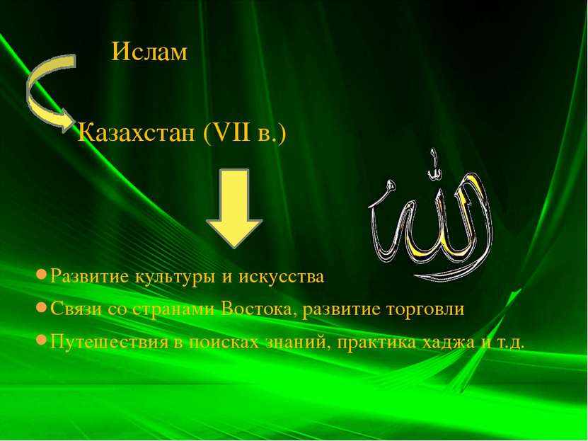 Ислам Казахстан (VII в.) Развитие культуры и искусства Связи со странами Вост...