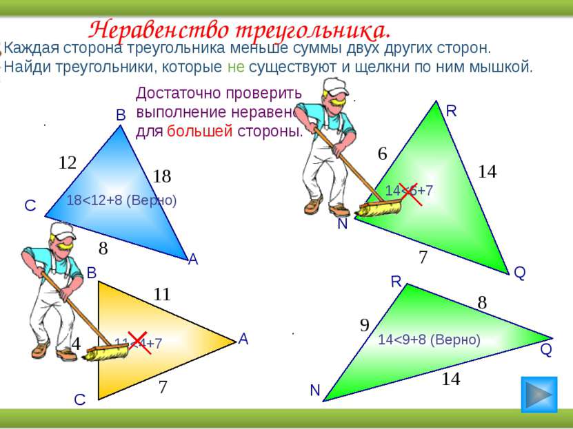 Неравенство треугольника. Каждая сторона треугольника меньше суммы двух други...