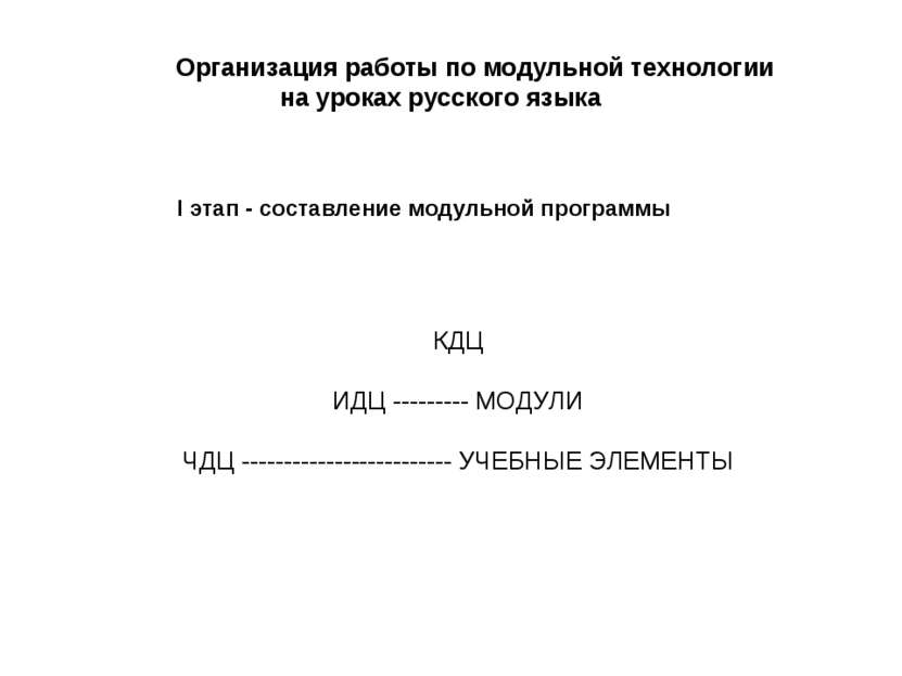 Организация работы по модульной технологии на уроках русского языка I этап - ...