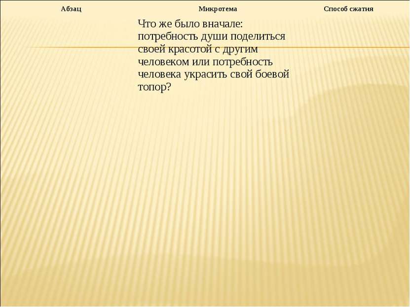 Абзац Микротема Способ сжатия Что же было вначале: потребность души поделитьс...