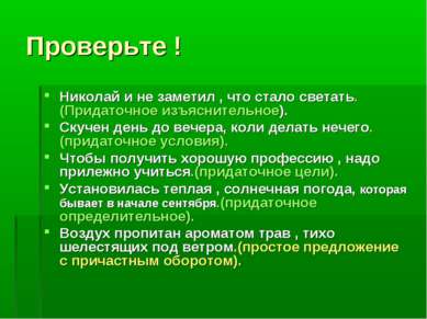 Проверьте ! Николай и не заметил , что стало светать.(Придаточное изъяснитель...