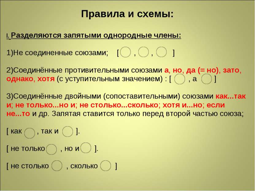 Правила и схемы: I. Разделяются запятыми однородные члены: 1)Не соединенные с...